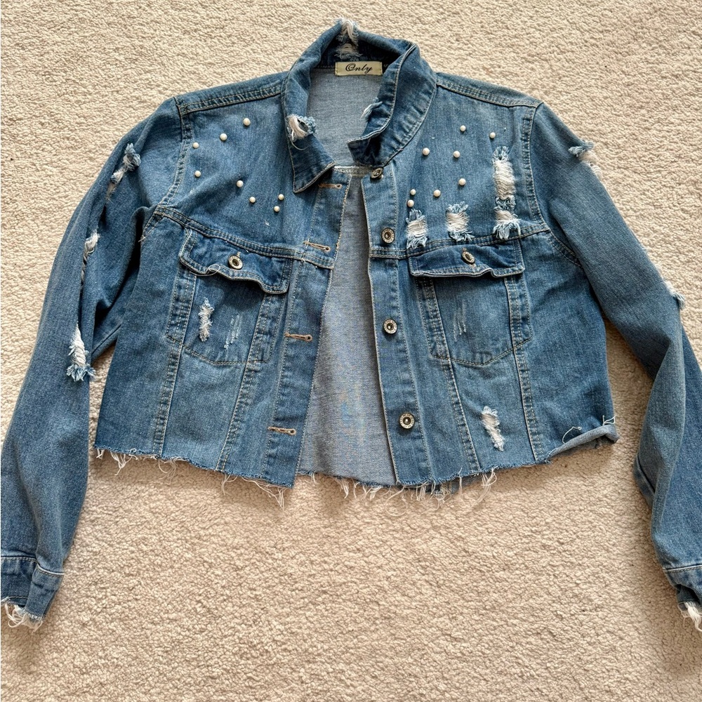 Blue Distressed Cropped Jean Jacket - Picture 6 of 8